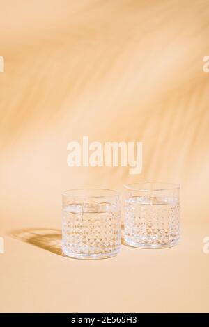 Glas Wasser auf pastellfarbenem Hintergrund mit tropischem Palmenblatt Schatten Stockfoto
