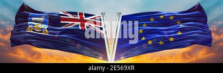 Flagge der Europäischen Union und Flagge der Falklandinseln winken mit Textur Himmel Wolke und Sonnenuntergang Doppelte Flagge Stockfoto