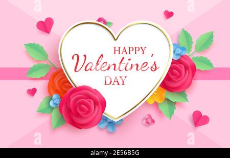Papier geschnitten Valentinstag. Origami Grußkarte mit Blumen und Herzen. Liebe Feier Brief mit Herz-Form und Rosen Vektor-Banner Stock Vektor