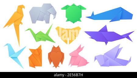 Papiertiere. Japanische Origami gefaltet Spielzeug Vögel, Fuchs, Schmetterling, Papagei und Hase. Cartoon geometrische wild Tier geformt Figuren Vektor-Set Stock Vektor