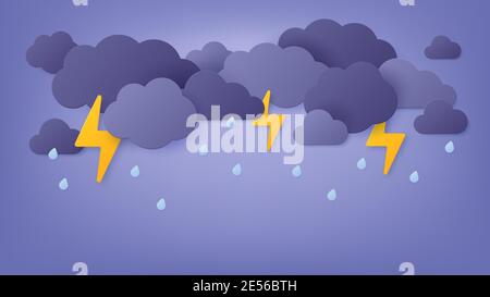 Papier geschnitten Regen. Regnerischer Himmel mit Wolken und Gewitter. Origami Frühlingssturm mit Blitz und Donner. Monsun Wetter Landschaft Vektor Kunst Stock Vektor