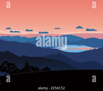 Berge Tal Red Sky Sonnenaufgang Vektor Landschaft Stock Vektor