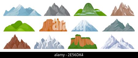 Cartoon Mountains. Schneebedeckter Berggipfel, Hügel, Eisberg, felsiger Berg und Kletterfelsen. Landschaft und touristische Wandern Karte Elemente Vektor-Set Stock Vektor