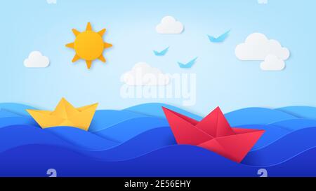 Papiermeer mit Booten. Origami mit Meereswellen, Schiffen, blauem Himmel, Sonne, Vögeln und Wolken. Sommertag Seascape in Papierschnitt-Stil, Vektor-Kunst Stock Vektor