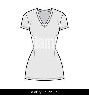 T-Shirt Kleid technische Mode Illustration mit V-Ausschnitt, kurze Ärmel, Mini-Länge, taillierte Körper, Bleistift Fülle. Flache Bekleidungsvorlage vorne, grau. Frauen, Männer, Unisex CAD Mockup Stock Vektor