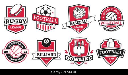 Ballsport-Logo. Abzeichen für american Football, Fußball und Basketball Liga. Volleyball und Bowling Turnier Symbol auf Schild Vektor-Set Stock Vektor