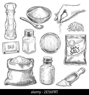 Salzskizze. Hand gezogener Löffel, Schüssel und Beutel mit Meersalzkristallen zum Baden oder Kochen. Salzstreuer und Arm mit Gewürz, Gravur Vektor-Set Stock Vektor