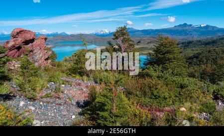 Panoramablick über die türkisfarbene Lagune im Torres del Paine Nationalpark bei sonnigem Tag und blauem Himmel, Patagonien, Chile Stockfoto