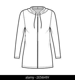 Hoodie Zip-up-Kleid technische Mode Illustration mit langen Ärmeln, Mini-Länge, übergroßen Körper, Bleistift Fülle. Flache Bekleidungsvorlage vorne, weiß. Frauen, Männer, Unisex CAD Mockup Stock Vektor