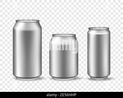 3d-Aluminiumdosen. Realistische Dose Mockups in 3 Größe. Metalldose für Bier, Saft, Limonade oder Limonade. Vektorvorlage für Getränkekonserven Stock Vektor