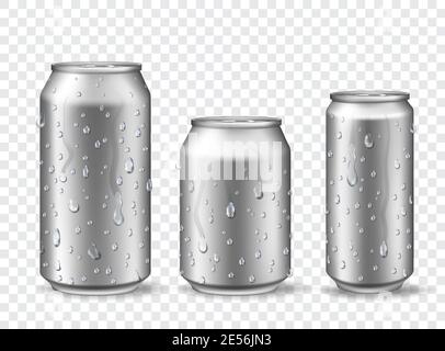 Dosen mit Kondensation. Kaltes Aluminiumbier, Energy Drink oder Limonade können Mockups mit Wassertropfen machen. 3d realistische Metall Natrondosen Vektor-Set Stock Vektor