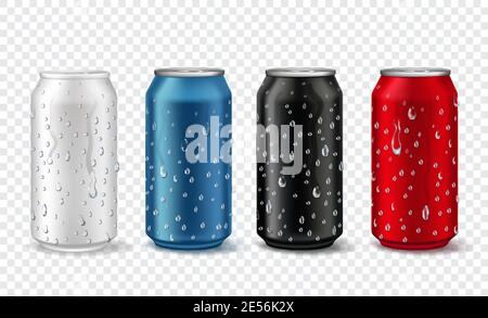 Metalldosen mit Tropfen. Realistisches Aluminium kann in weiß, rot, blau und schwarz mockup. Soda- oder Bierverpackung mit Kondensationsvektor-Set Stock Vektor