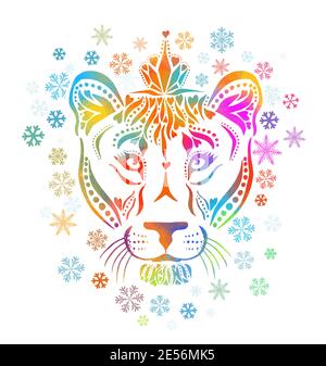 Eine bunte Löwin. Das Gesicht des Löwen ist ein Regenbogen abstrakt. Vektorgrafik Stock Vektor