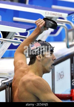 Der US-Amerikaner Michael Phelps gewinnt die Goldmedaille auf der Männer 200 Meter Einzelmedley und gewann seine 6. Goldmedaille während der Olympischen Spiele in Peking Tag 7 im National Aquatics Center in Peking, China am 15. August 2008. Foto von Willis Parker/Cameleon/ABACAPRESS.COM Stockfoto