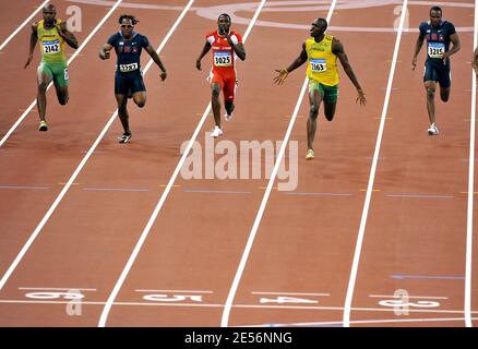 Usain Bolt von Jamaika Gewinner der Goldmedaille im Männer-100m-Finale des XXIX Beijing Olympic Games Day 8 im Nationalstadion in Peking, China am 16. August 2008. Bolt gewinnt die Goldmedaille. Usain Bolt schlägt Weltrekord in 9'68. Foto von Jing Min/Cameleon/ABACAPRESS.COM Stockfoto
