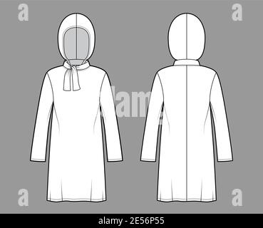 Modest Hijab Tunika technische Mode Illustration mit Krawatte, lange Ärmel, überdimensional, unter-die-Knie-Länge, Kapuze. Flatshirt Bekleidung top Schablone vorne, hinten, weiß. Frauen Männer Unisex CAD mockup Stock Vektor