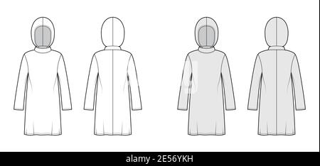 Modest Hijab Tunika technische Mode Illustration mit langen Ärmeln, überdimensional, unter-die-Knie-Länge, Kapuze. Flatshirt Bekleidung top Schablone vorne, hinten, weiß, grau Farbe. Frauen Männer Unisex CAD mockup Stock Vektor