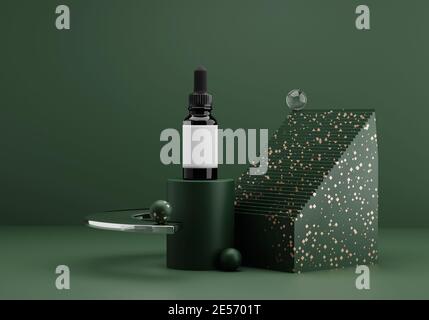 Ätherisches Öl Flasche Mockup. Moderne abstrakte Komposition in dunkelgrünen Tönen mit goldenem Terrazzo und Glas. Trendige 3d-Rendering Hintergrund Stockfoto
