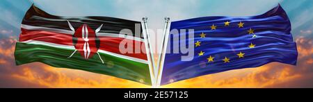 Flagge der Europäischen Union und Kenya-Flagge winken mit Himmel Wolke und Sonnenuntergang Doppelte Flagge Stockfoto