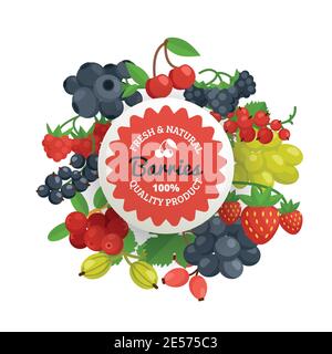 Frische natürliche und Qualität Tagline auf den Garten Beeren in Bündel mit Blättern flache Farbe Emblem Vektor-Illustration Stock Vektor