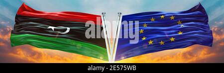 Flagge der Europäischen Union und Libyenflagge mit Textur Himmel winken Wolke und Sonnenuntergang Doppelte Flagge Stockfoto