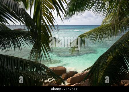 Blaues Meer und exklusiver, abgelegener Strand auf den Seychellen (La Digue) Stockfoto