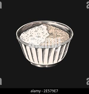 Salz oder Zucker in einer Schüssel. Gewürze oder Cerealien im Vintage-Stil. Zutat zum Kochen. Handgezeichnete gravierte Skizze für Menü. Monochromer Stil. Vektor Stock Vektor