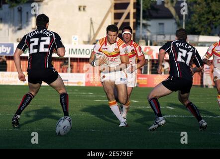 Drangons Katalanen David Ferriol während der Rugby Super League - Dragons Catalans vs Wigan Warriors - Tag 24, Dragons Catalans vs Wigan Warriors im 'Gilbert Brutus' Stadion in Perpignan, Frankreich am 9. August 2008. Foto von Michel Clementz/Cameleon/ABACAPRESS.COM Stockfoto