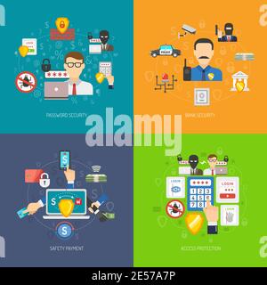 Bankkonto Online-Zugriff Schutz Operationen Sicherheit 4 flache Symbole Quadratische Komposition Banner abstrakt isoliert Vektor Illustration Stock Vektor