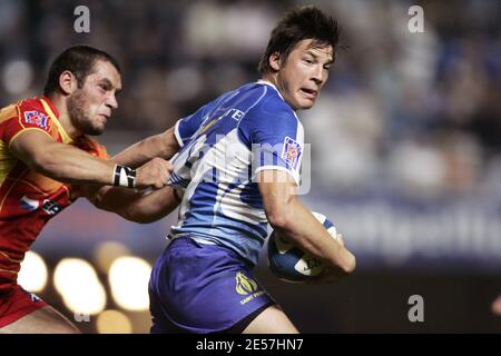 Montpelliers Francois Trinh-Duc während des Top 14 Rugby-Spiels, Montpellier Rugby Club gegen USAP ( Union Sportive Arlequins Perpignan Rouss ) im Du Manoir Stadion in Montpellier am 20. September 2008. USAP gewann 5:3. Foto von Sebastien Boue/Cameleon/ABACAPRESS.COM Stockfoto