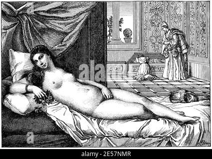 Venus von Urbino vom italienischen Maler Tizian. Illustration des 19. Jahrhunderts. Deutschland. Weißer Hintergrund. Stockfoto