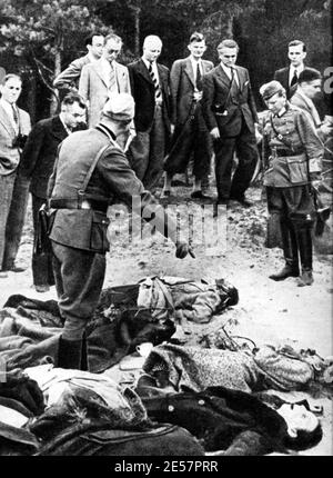 1939 , POLEN : Ufficiali tedeschi mostrano ai giornalisti i cadaveri dei polacchi massacrati in un paese del corridoio di Danzica . Forse trucidati dai nazisti ma per Propaganda , su ordine di GOEBBELS , spacciandoli per vittime dei soldati polacchi e russi in ritirata - WWII - SECONDA GUERRA MONDIALE - nazisti - Nazisten - nationalsozialismus - nazi - HITLER - POLEN - POLONIA ---- Archivio GBB Stockfoto