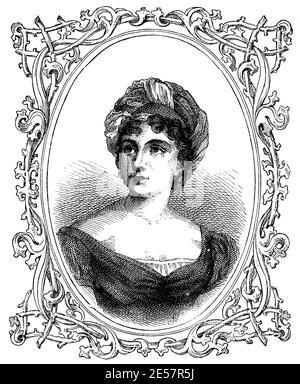 Porträt von Germaine de Stael (Madame de Stael) - eine Frau aus Briefen und Politikwissenschaftlerin aus Genf. Illustration des 19. Jahrhunderts. Deutschland. Weißer Hintergrund. Stockfoto