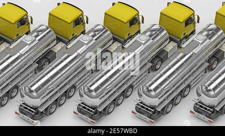 LKW-Reihe mit silbernem Anhänger oben. 3d-Rendering Stockfoto