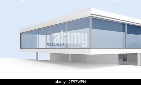 Moderne minimalistische weiße Villa außen in Nahaufnahme. 3d-Rendering Stockfoto