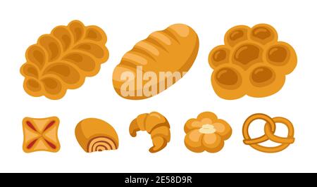 Süße Brötchen Cartoon Icon Set. Backwaren Brot Laib und Weidenbrötchen Brezel, Croissant Blätterteig, Brötchen. Design-Menü Bäckerei Symbol. Stilvolle Ikone moderne Vektor-Illustration Stock Vektor
