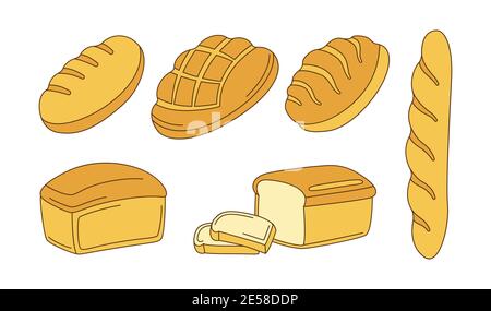 Bäckerei Doodle Cartoon Icon Set. Brot Roggen, Vollkorn und Weizen Laib Brot und französisch Baguette, Skizze ciabatta. Backwaren, Design-Menü Bäckerei Gebäck Symbol. Stilvolle moderne Vektorgrafik Stock Vektor