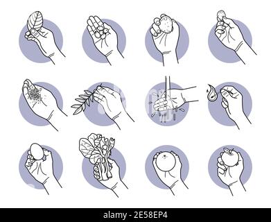 Hand halten natürliche Dinge Symbole. Vektor-Illustrationen von Hand halten Naturobjekte wie Blatt, Samen, Stein, Stein, Sand, Wasser, Streichholzfeuer, Stock Vektor