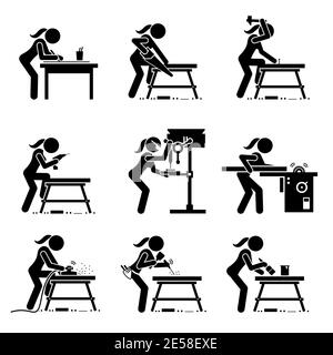 Weibliche Zimmermann Herstellung Holzarbeiten mit industriellen Werkzeugen und Ausrüstung Stick Figur Symbole. Vektor-Illustrationen einer geschickten Frau, die in einem Wor arbeitet Stock Vektor