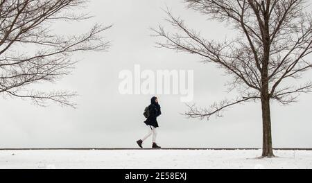 Chicago, USA. Januar 2021. Eine Frau wird im Schnee am Ufer des Lake Michigan in Chicago, Illinois, die Vereinigten Staaten, am 26. Januar 2021 gesehen. Ab Montagabend kam es in Chicago zu einem Wintersturm. Bis 9 Uhr Ortszeit Dienstag, waren die Schneesummen in einigen Teilen der Chicago-Gegend nahe an 8 Zoll gekommen. Quelle: Joel Lerner/Xinhua/Alamy Live News Stockfoto