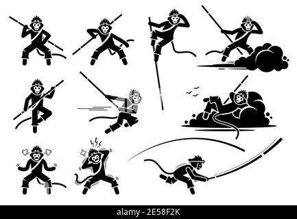 Monkey King oder Sun Wukong Zeichen Icon Set. Vektor-Illustrationen des legendären Affen Son Goku Aktionen, Bewegungen und Emotionen. Stock Vektor