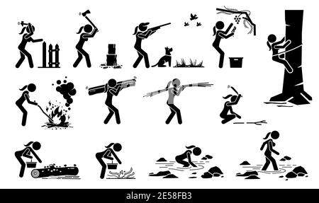 Frau, die in traditionellen Lebensstil im Wald oder Dschungel Stick Figur Ikonen. Vektor-Illustrationen eines Mädchens überleben in den Wäldern durch die Jagd, se Stock Vektor