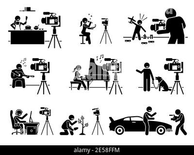 Social Media Influencer und Internet Video Content Creator Stick Figur Piktogramm. Vektor-Illustrationen von Mann und Frau erstellen Video durch zeigen Th Stock Vektor