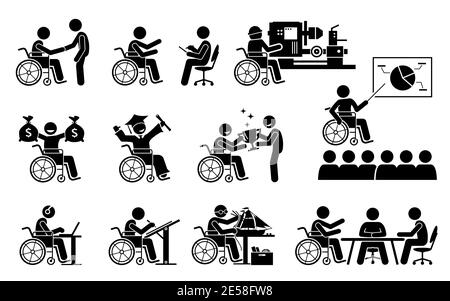 Erfolgreiche behinderte Person mit einer guten Karriere und Arbeit Stick Figuren Symbole. Vektor-Illustrationen eines behinderten arbeitenden Mannes mit Leistung in ed Stock Vektor