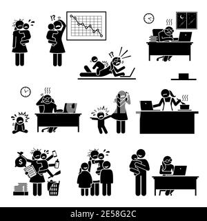Fail Arbeit von zu Hause Mutter oder Mutter. Vektor-Illustrationen der Schwierigkeit einer Mama, die zu Hause arbeitet, wegen der Ablenkung von ihrem Baby oder Kind Stock Vektor