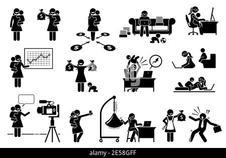 Erfolgreiche Arbeit von zu Hause Mutter oder Mutter. Vektor-Illustration einer Mumie mit Erfolg arbeiten, Geschäfte machen, und Geld zu Hause mit comput verdienen Stock Vektor