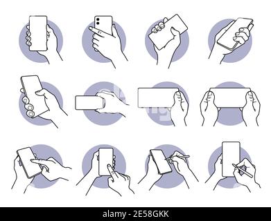 Halten Sie die Hand und verwenden Sie ein Smartphone mit weißen leeren Bildschirmsymbole. Vektor-Illustrationen von Hand tragen Telefon, Finger Geste Tippen auf dem Bildschirm, ein Stock Vektor