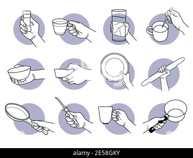 Hand halten Küche crookery und Trinkbecher. Vektor-Illustrationen von Hand halten Tasse, Tasse, Glas, Schüssel, Teller, Rolle, Bratpfanne, Dosenöffner, und Stock Vektor