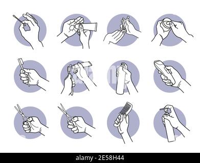Hand halten und verwenden von Pflegemitteln, Geräten und Produkten. Vektor-Illustrationen von Baumwollknospen, Creme, Lotion, Gel, Fingernagelschneider, Zahnbürste, Stock Vektor