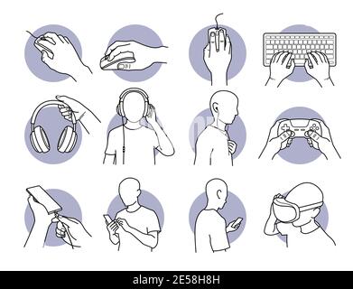 Hand mit Computer-Maus, Tastatur, Gamepad, Game-Controller, und halten Sie einen Kopfhörer. Mann, der Kopfhörer hört, Smartphone benutzt, Telefon lädt b Stock Vektor